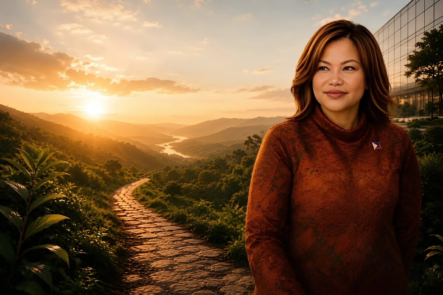 Ammalyn C. Loterte before a valley path at sunrise